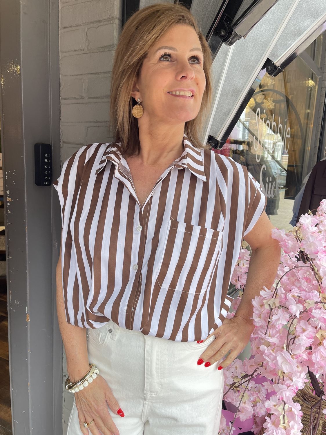 Gestreepte Ballon Blouse - Choco