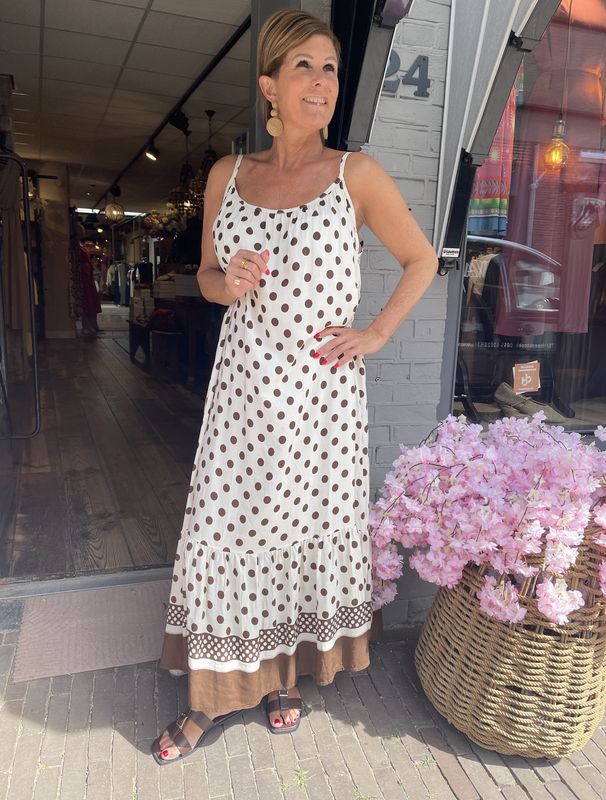 Viscose Maxi Jurk - Creme met Choco Polkadot