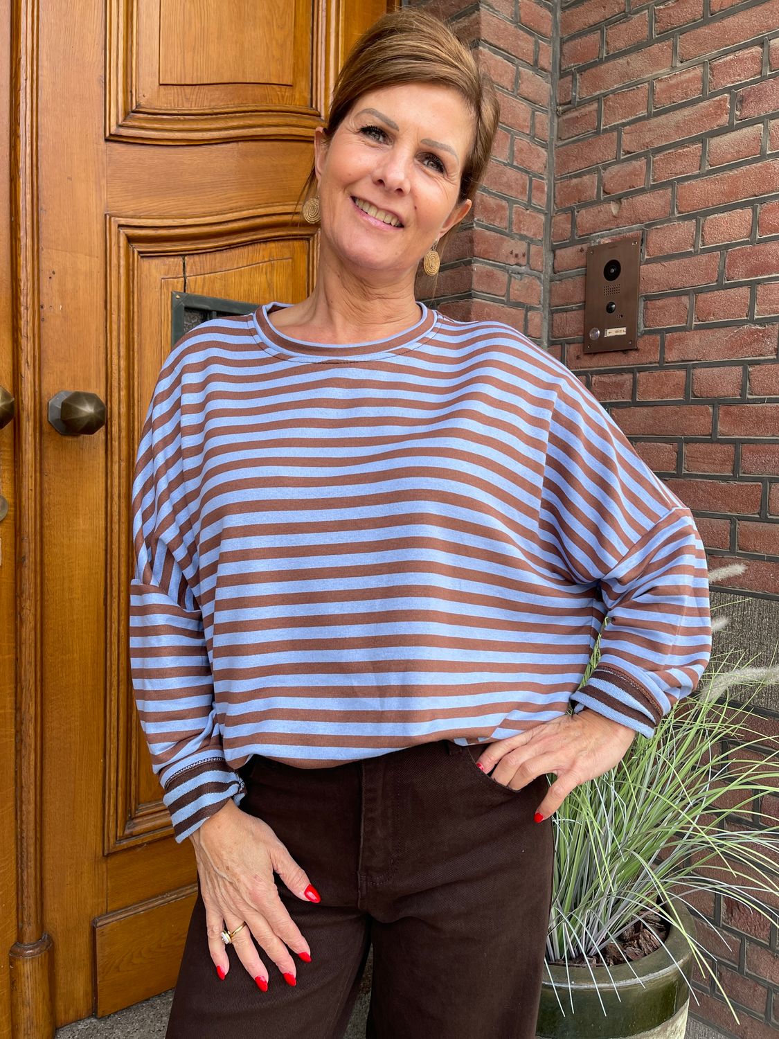 SWEATER Gestreept - Lichtblauw/Cognac
