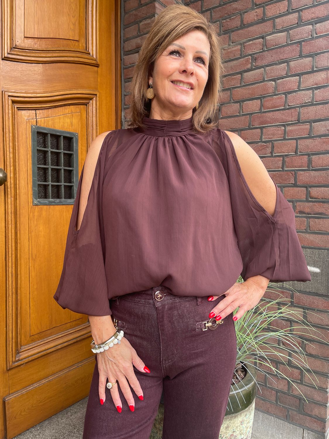 Blouse met opengewerkte mouw - Bordeaux