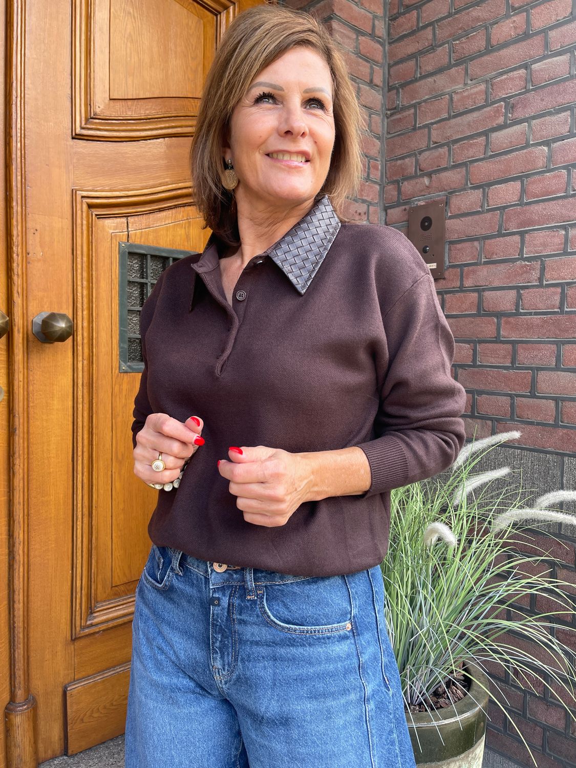 Sweater ChocoBruin met Leatherlook Chocolade Kraagje