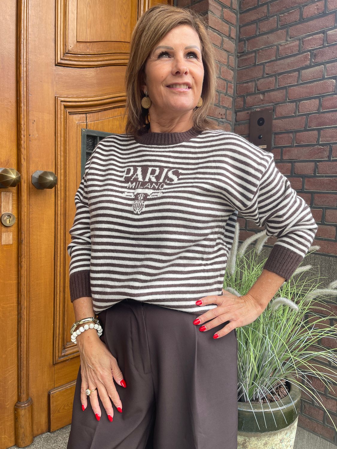 Streep Sweater Chocolade met Opdruk Paris
