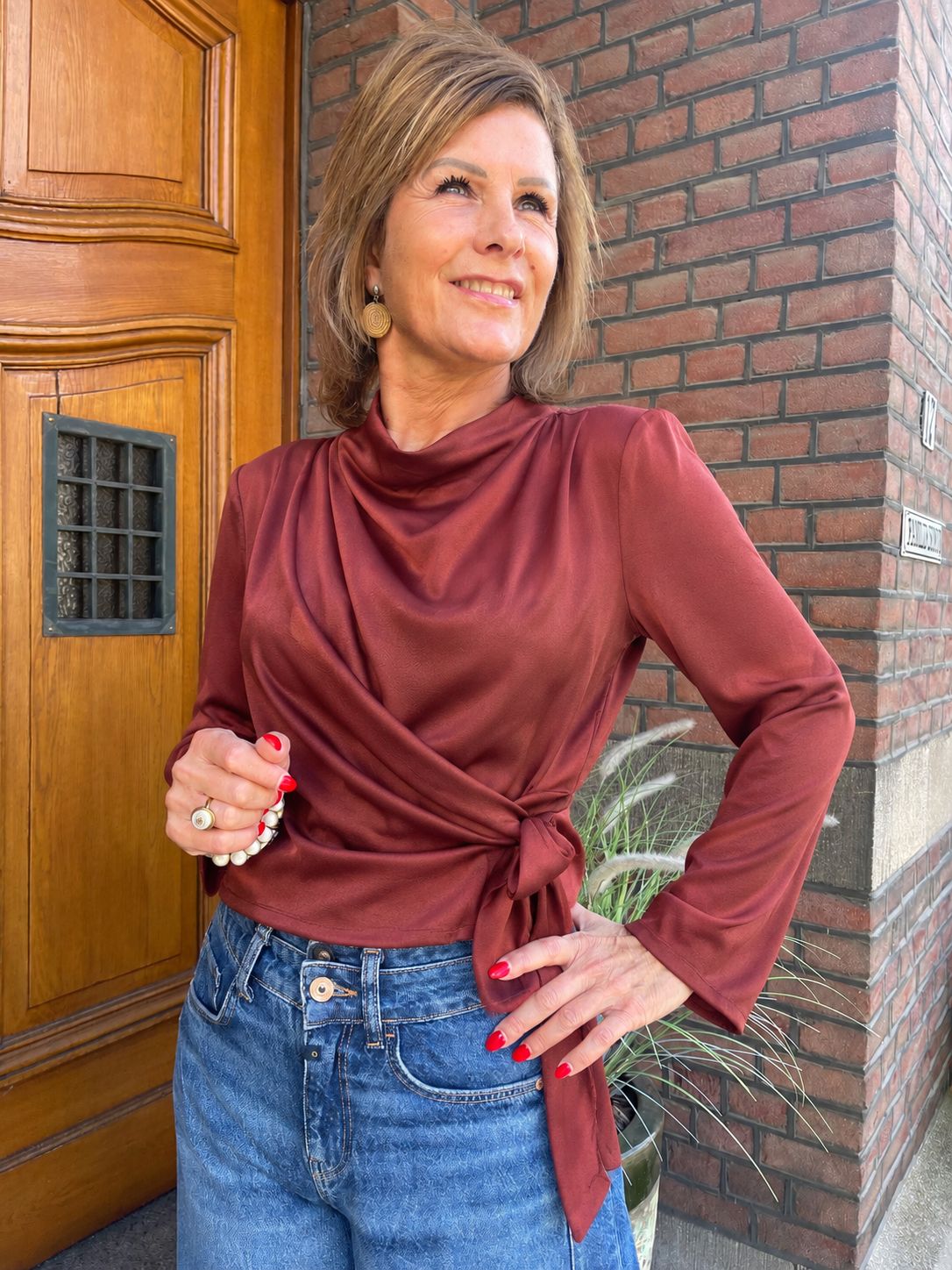 Satijnen Knot Blouse - Roest Bruin