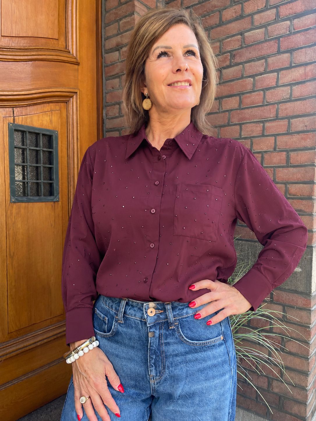 Blouse met Glitter Studs - Bordeaux