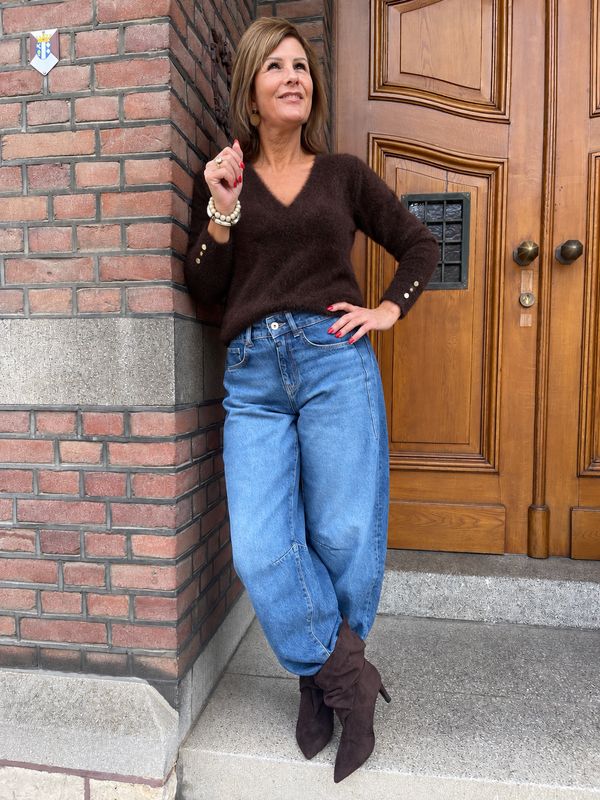 Fluffy Sweater met V Hals Chocolade Bruin