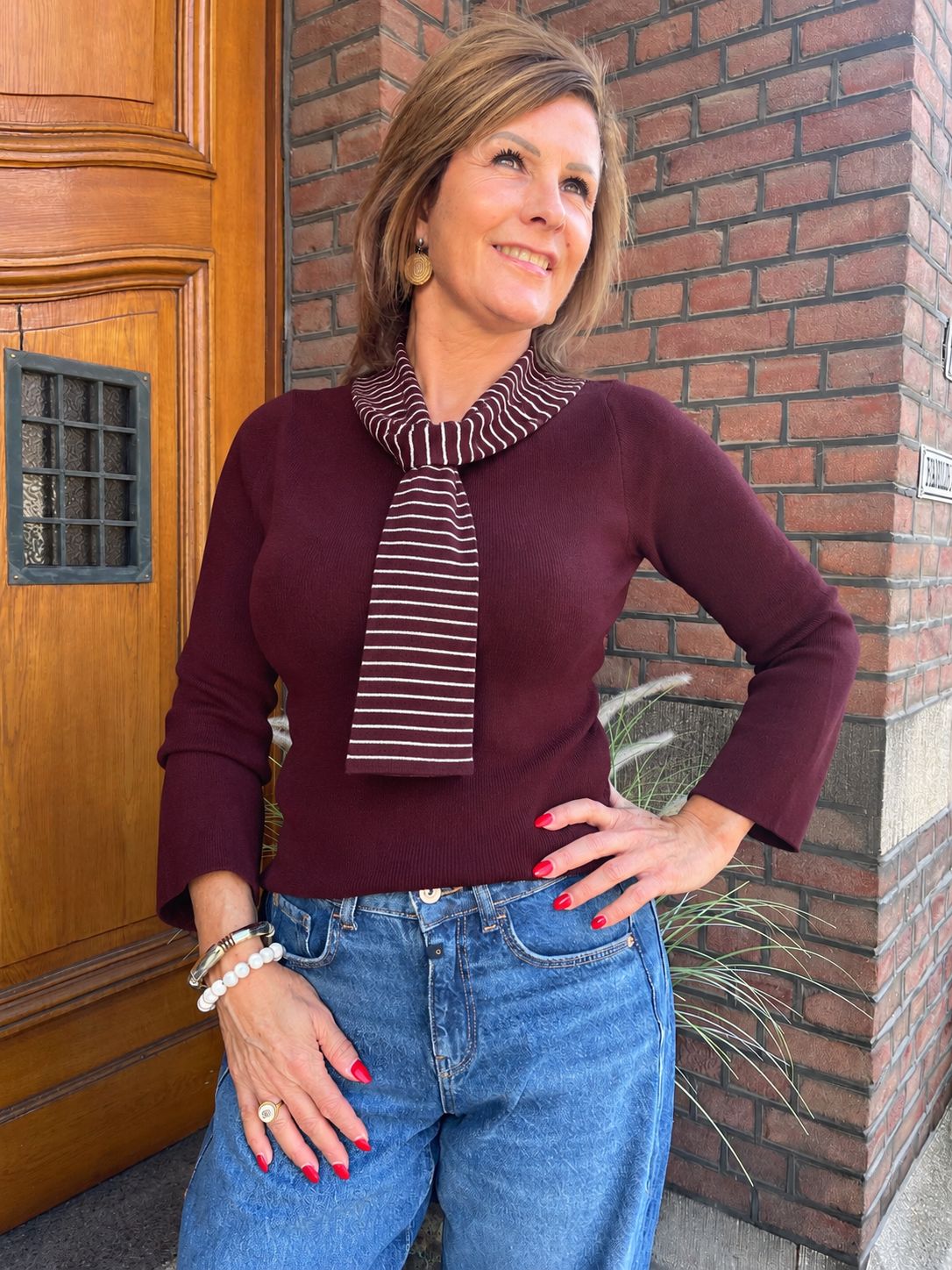 Sweater Bordeaux met Gestreept Sjaaltje
