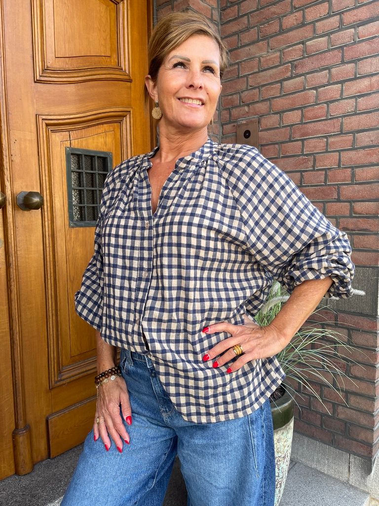 Geblokte Blouse Fien - Beige/Donkerblauw