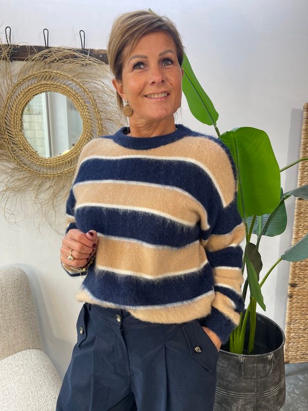 Streep Sweater - Donkerblauw/Camel
