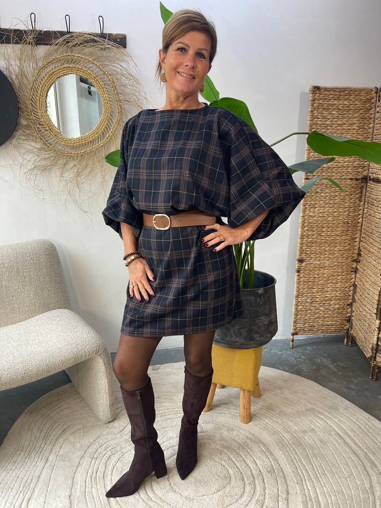 Geruite Jurk met Ballonmouw - Coffee