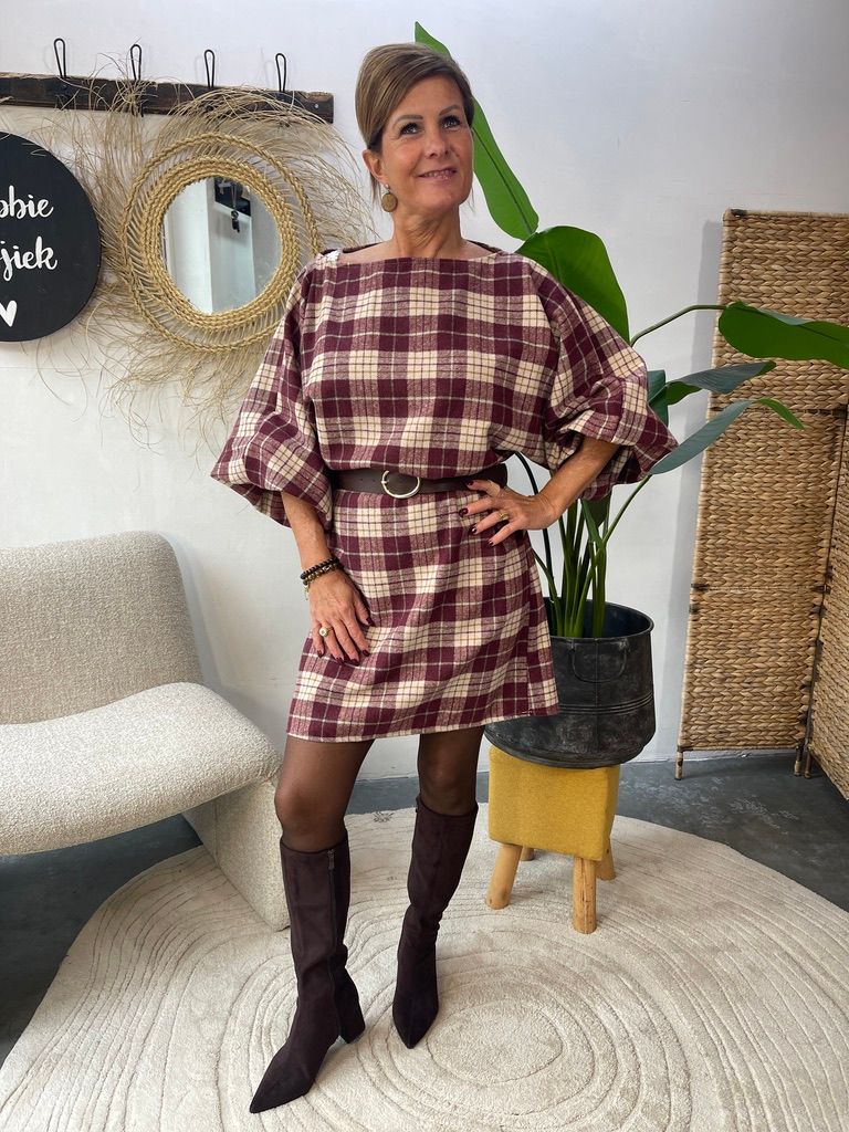 Geruite Jurk met Ballonmouw - Bordeaux
