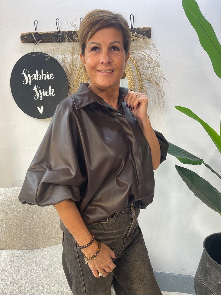 Leatherlook Blouse met Ballonmouw - Choco