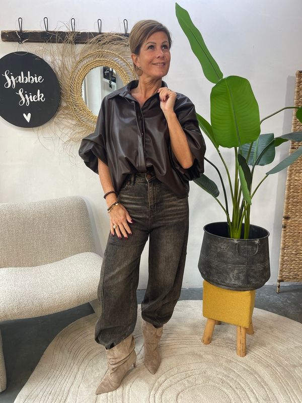 Leatherlook Blouse met Ballonmouw - Choco