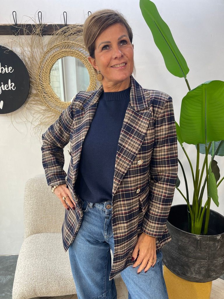 Geruite Blazer met Gouden Knopen - Donkerblauw