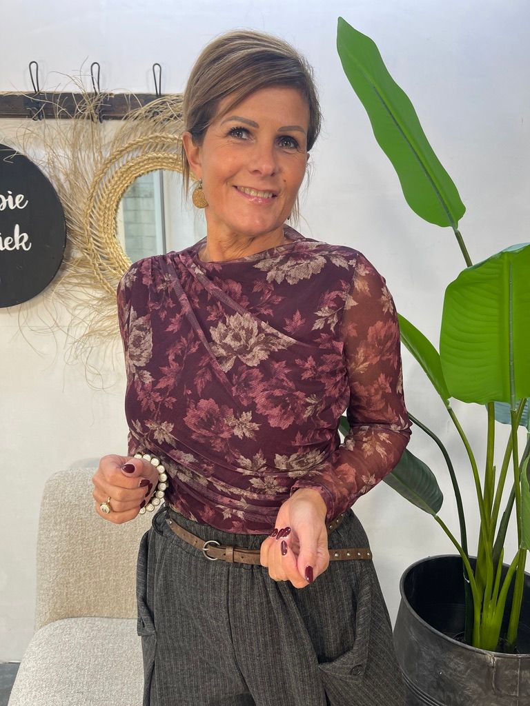 Mesh Top met Bloemenprint - Bordeaux