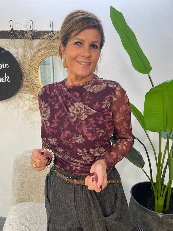 Mesh Top met Bloemenprint - Bordeaux