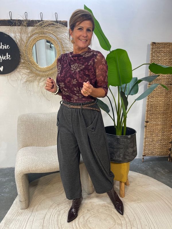 Mesh Top met Bloemenprint - Bordeaux