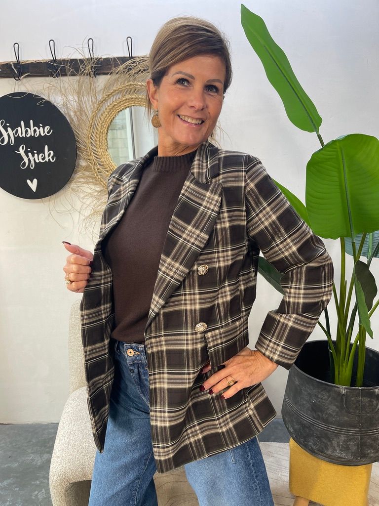 Geruite Blazer met Gouden Knopen - Donkerbruin