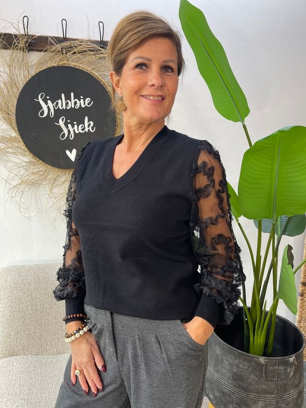 Sweater met Bloemenmouw - Zwart
