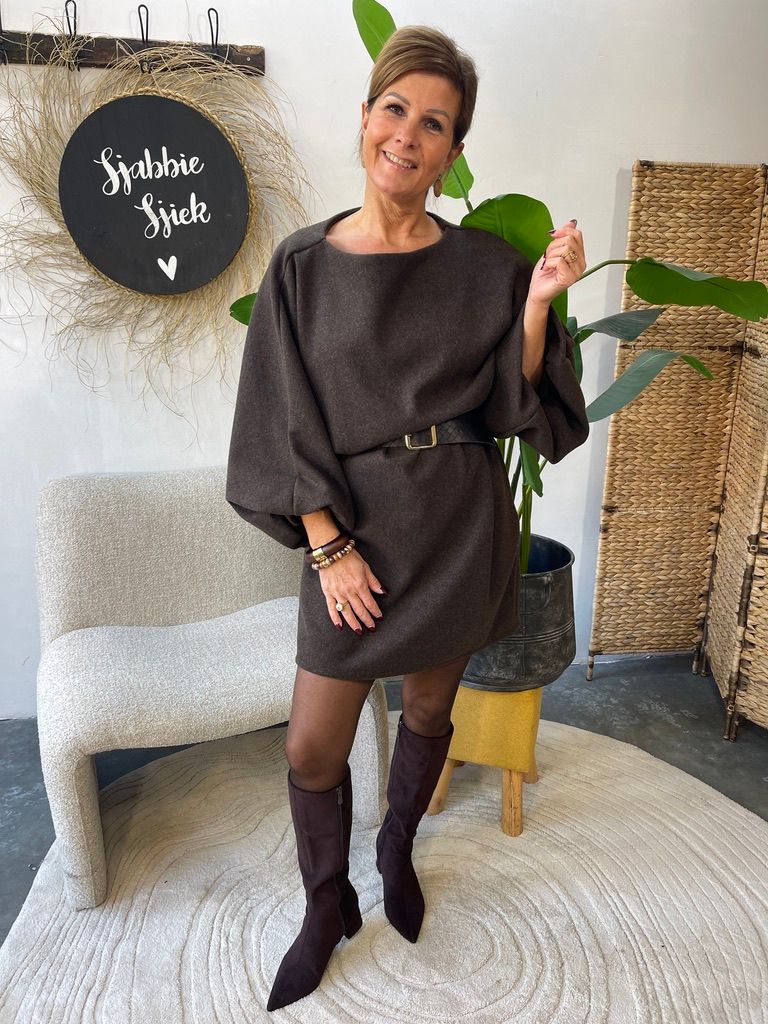 Uni Jurk Stof met Ballonmouw - Choco