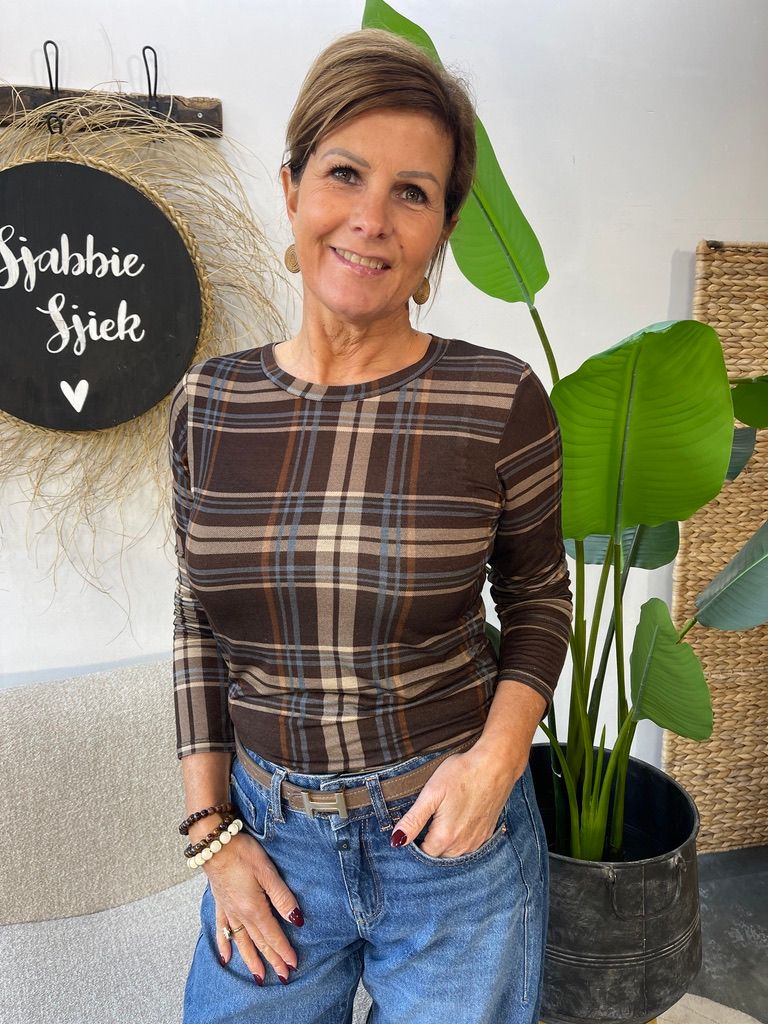 Cashmere Mix Top - Geruite Print Choco