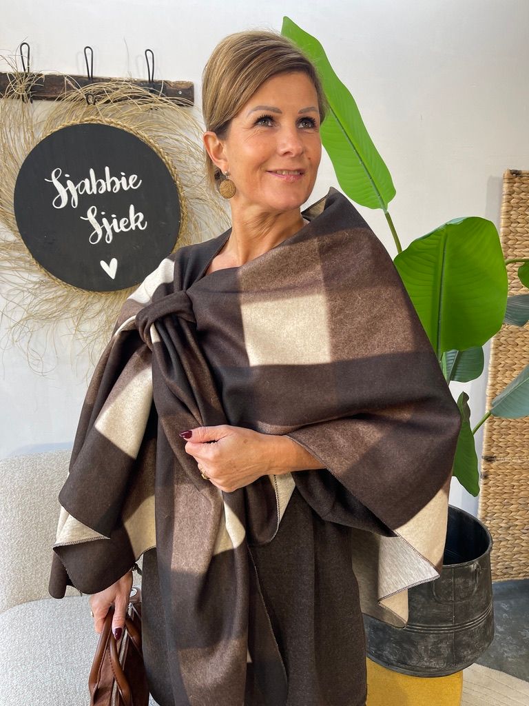 Poncho met Geruite Print - Donkerbruin