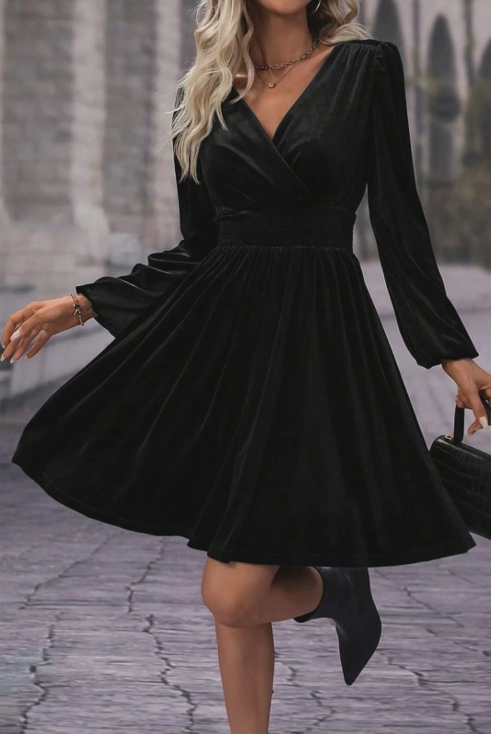 Velvet empress v neck long sleeve dress