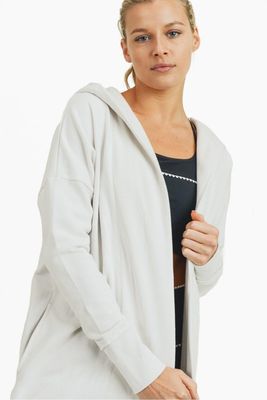 Open Front Longline Hoodie Cardigan Pale Grey