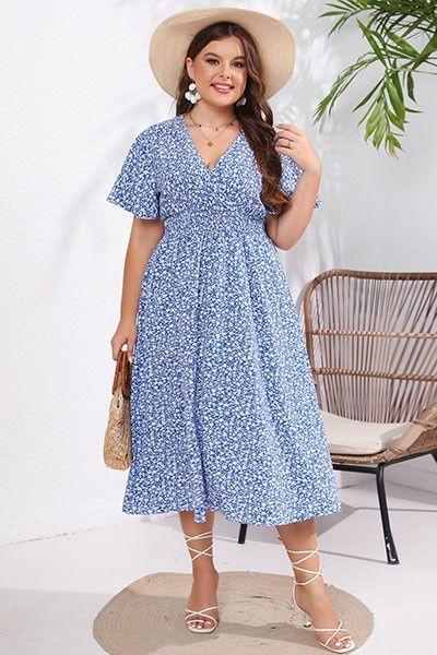 Plus Size Women Boho Empire Waisted V Neck Dress