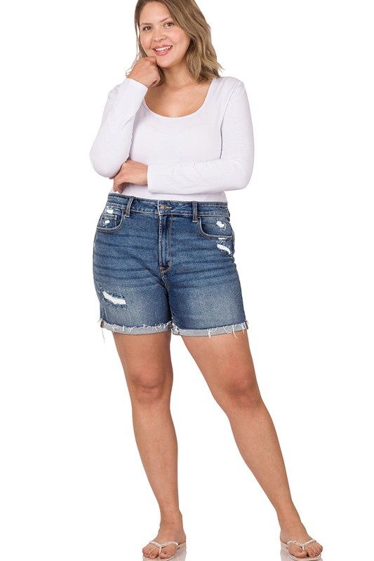 Distressed cuffed Raw hem jean shorts *Plus and Regular*