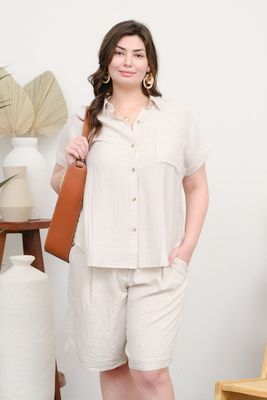 LINEN COLLARED CUFF SLEEVE BACK PINTUCK SHIRT *Curvey and *Reg