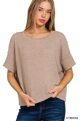 DROP SHOULDER SHORT SLEEVE JACQUARD SWEATER