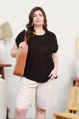 Talia- Crew Neck Short Sleeve Crochet Knit Pullover *plus