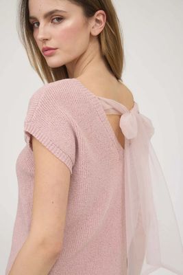 BACK SHEER TIE SHORT SLEEVE KNIT SWEATER