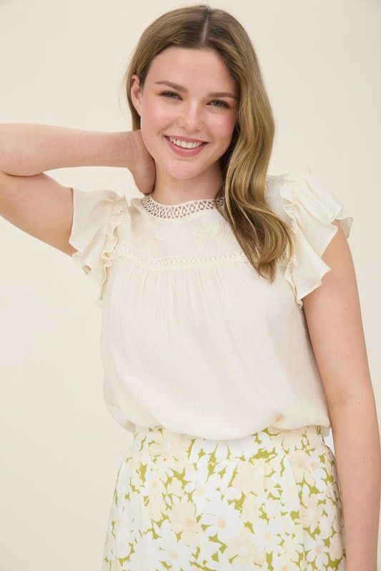 Hattie- embroidery lace trim top, Size: S