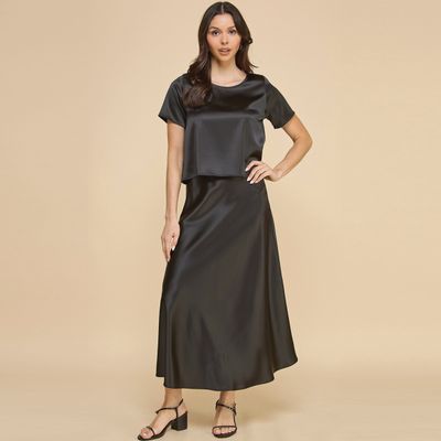 Black satin midi skirt