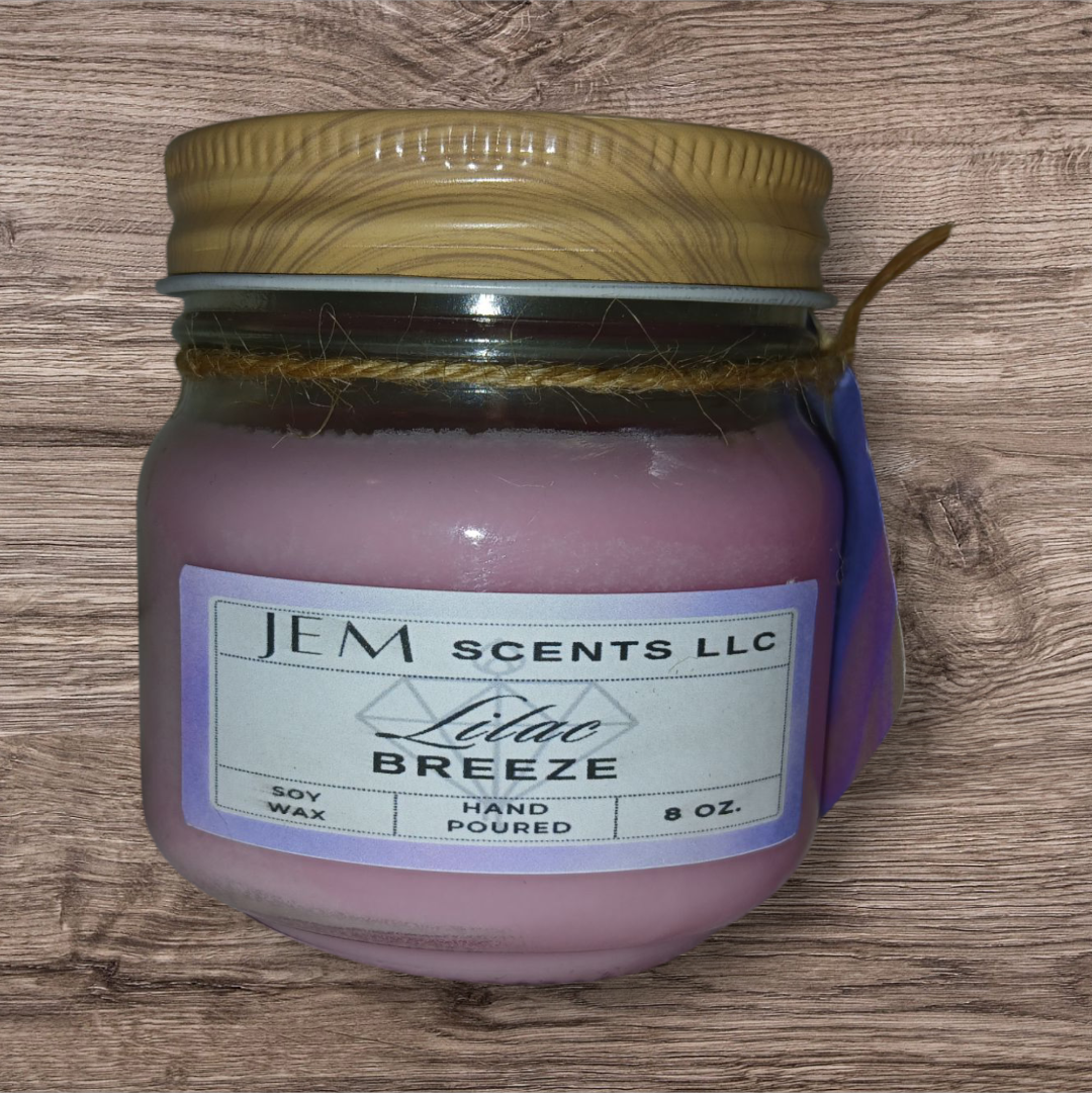 Natural soy wax Lilac Breeze candle in a glass jar with lid