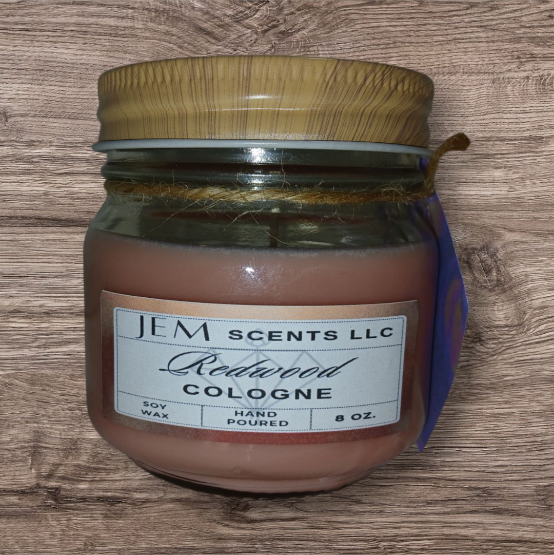 Natural soy wax Redwood Cologne candle in glass jar with lid