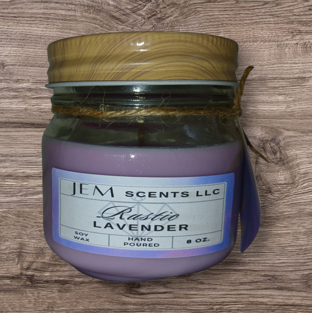 Natural soy wax Rustic Lavender candle in glass jar with lid