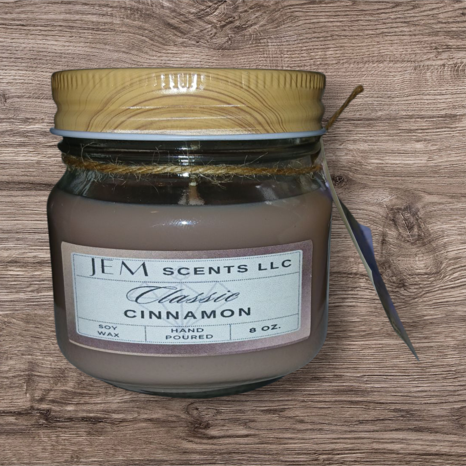 Natural soy wax Classic Cinnamon candle in glass jar with lid
