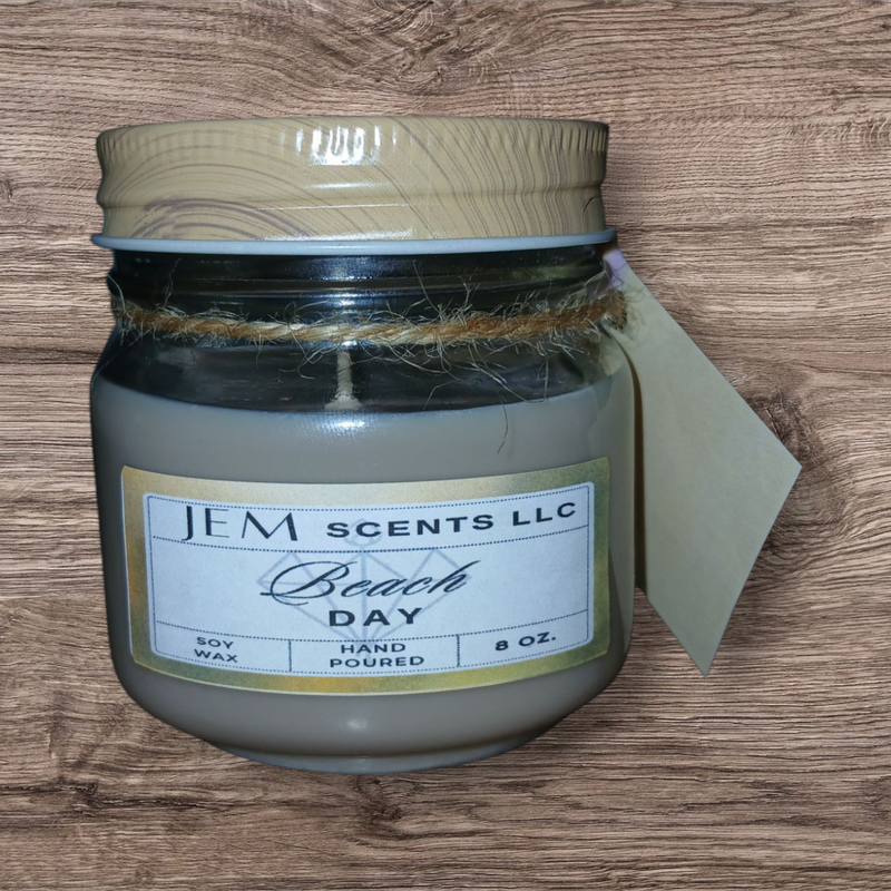 Natural soy wax Beach Day candle in glass jar with lid