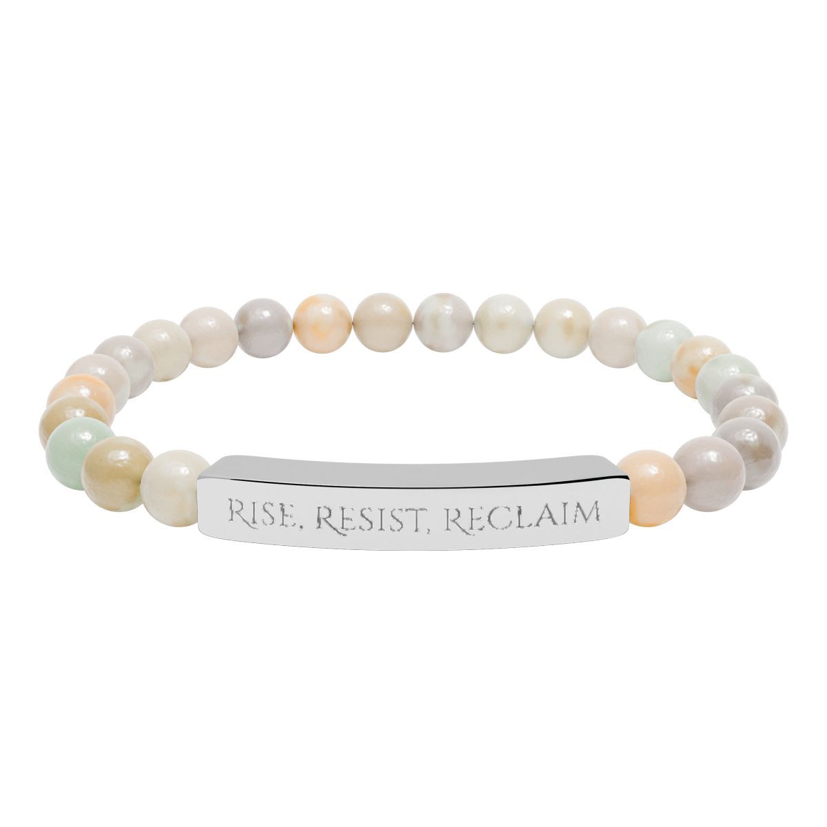 Natural Stone Stretch Bar Bracelet — "Rise. Resist. Reclaim." Engraved