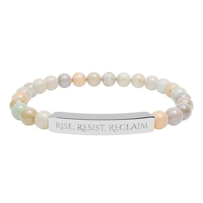 Natural Stone Stretch Bar Bracelet — "Rise. Resist. Reclaim." Engraved