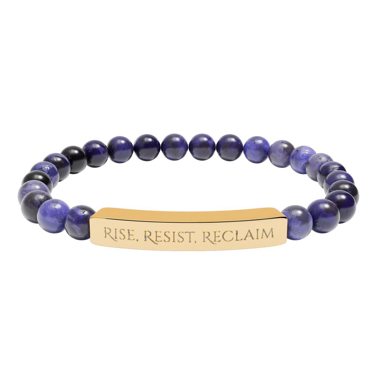 Natural Stone Stretch Bar Bracelet — "Rise. Resist. Reclaim." Engraved