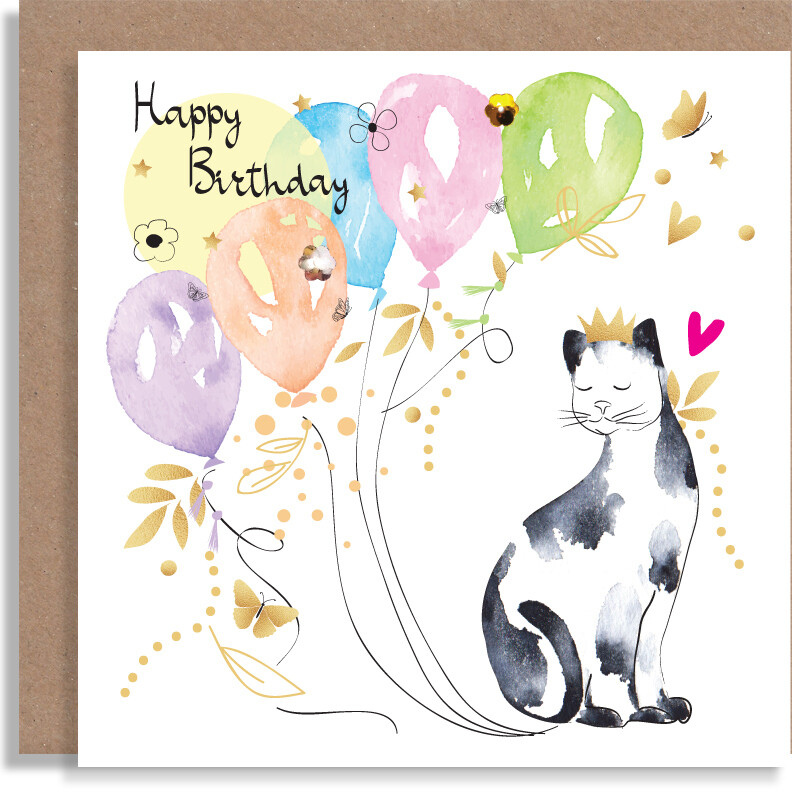 Birthday Party Cat - Personalised Handmade Card For Cat / Pet / Animal Lovers - Princess Cat With Balloons Card