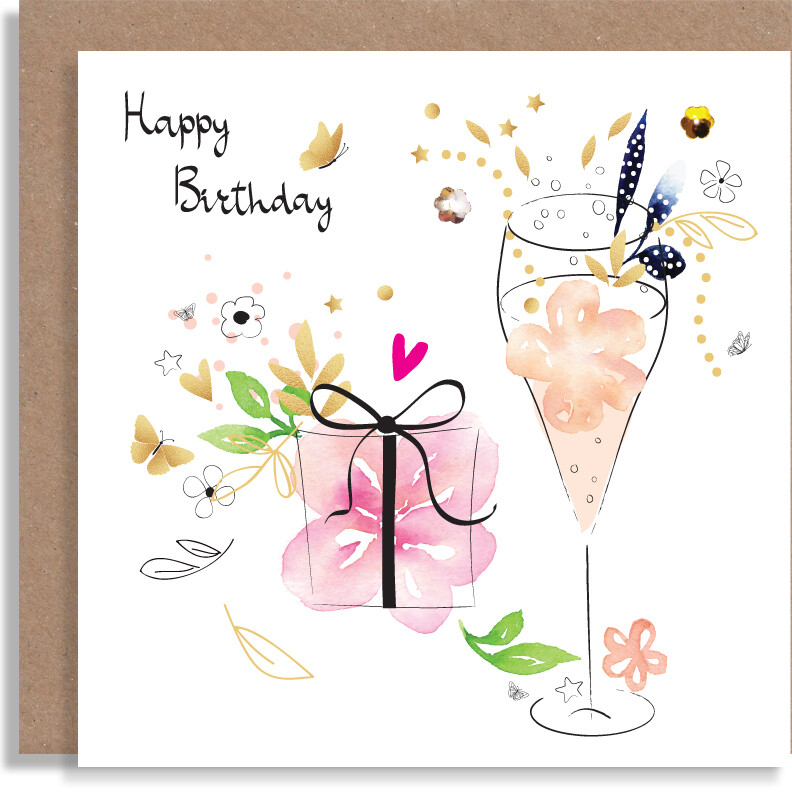 Happy Birthday Handcrafted Card - Prosecco Birthday Drinks &amp; Present Personalised Card - Special Handmade Greeting Card