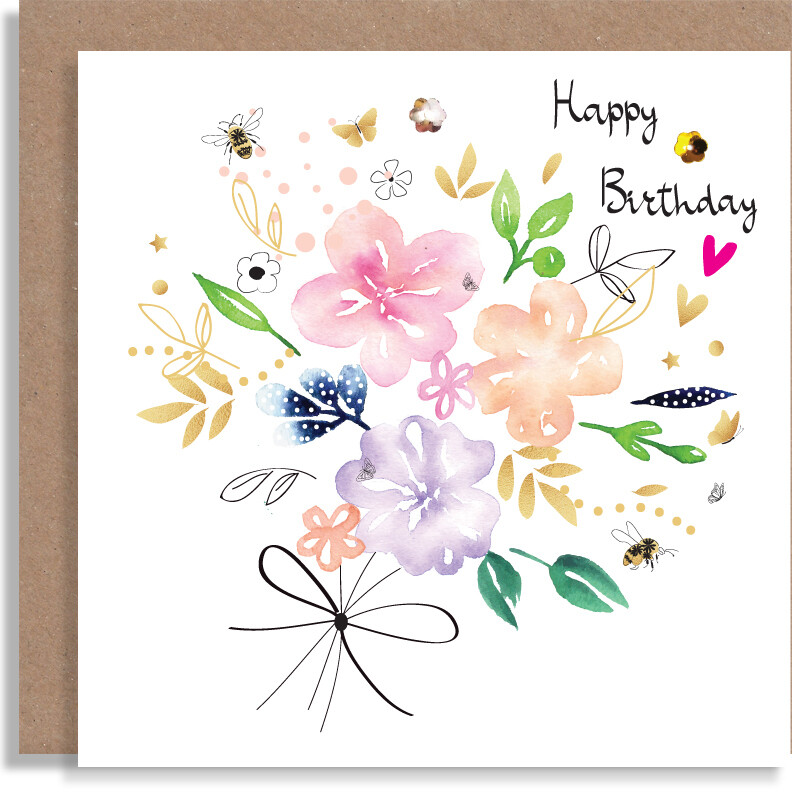 Birthday Floral Bouquet Card - Personalised Handmade Greeting Card - Feminine Card