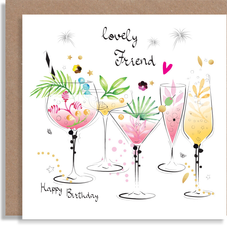 Happy Birthday Lovely Friend Card - Birthday Drinks Quarantini Martini G&amp;T Gin &amp; Tonic Prosecco Birthday Card for a Friend - Personalised Handmade Greeting Card - Drinks Handcrafted Card