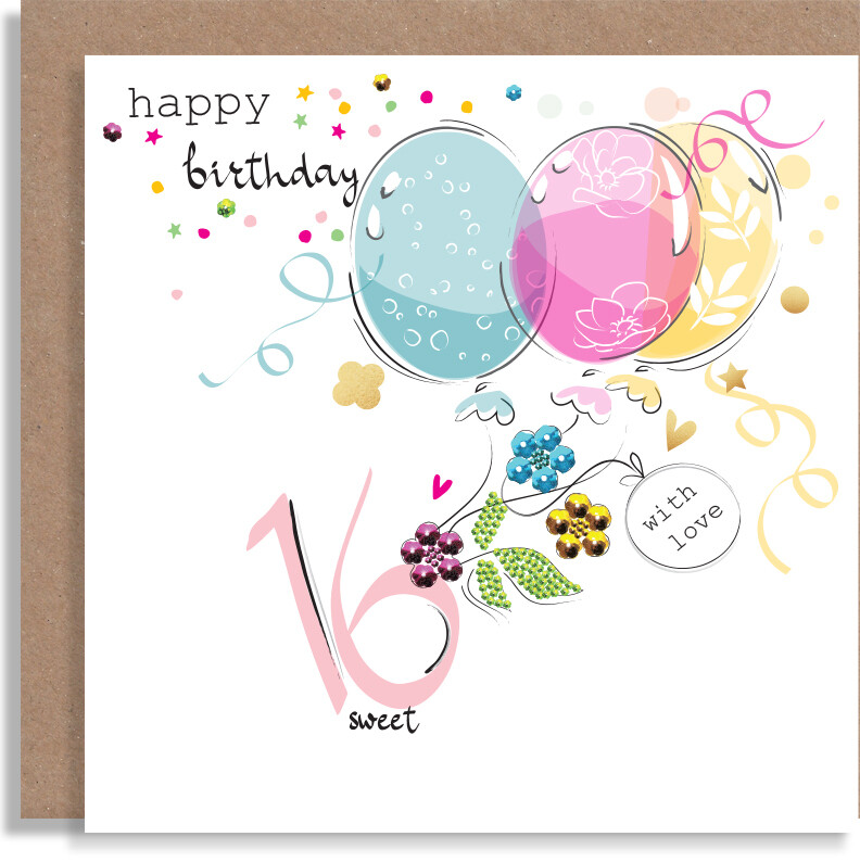 16th 18th 21st 30th 40th 50th 60th 70th 80th Milestone Age Birthday Card - Personalised Birthday Party Balloons and Confetti Card with Jeweled Flowers - Handmade Birthday Card