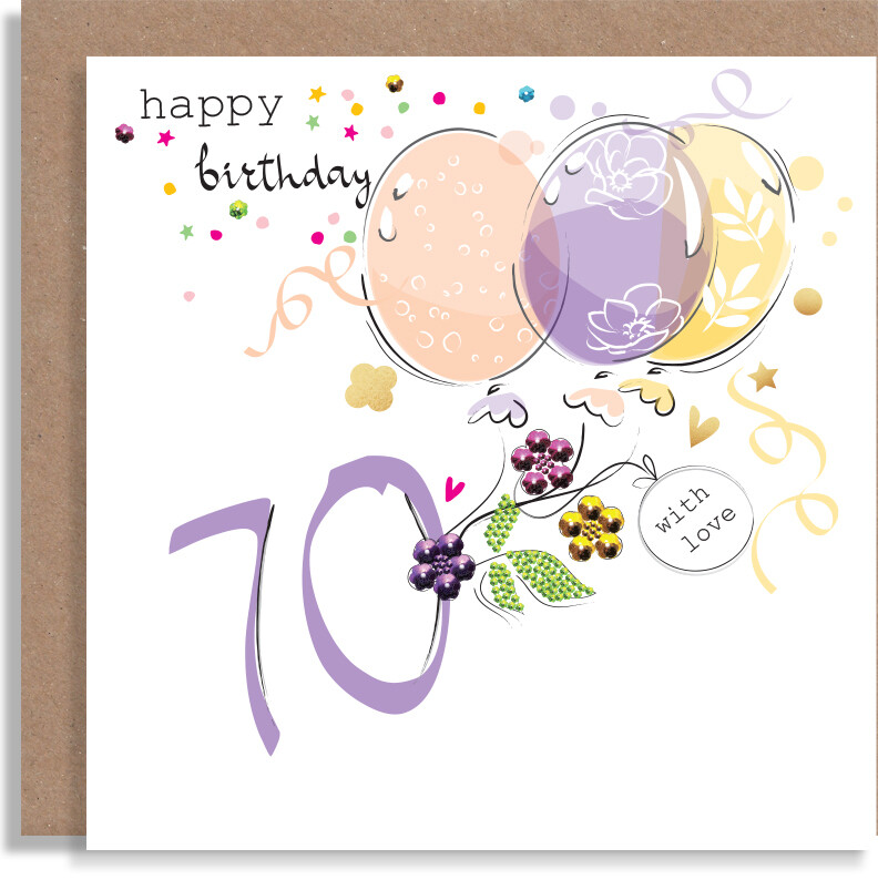 70th 80th Milestone Age Birthday Card - Personalised Birthday Party Balloons and Confetti Card with Jeweled Flowers - Handmade Birthday Card