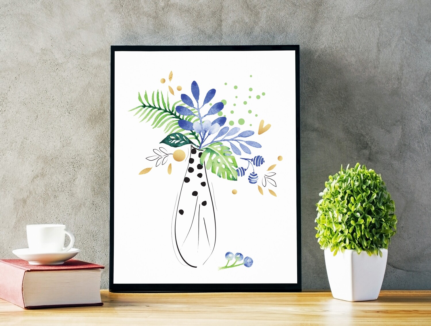 Blue Green Foliage Bouquet Watercolour Art Print - Art Print for Home Decor - Interior Design Animal Digital Print - Monochrome Giclée Art Print - Personalised Botanical Lover Gift